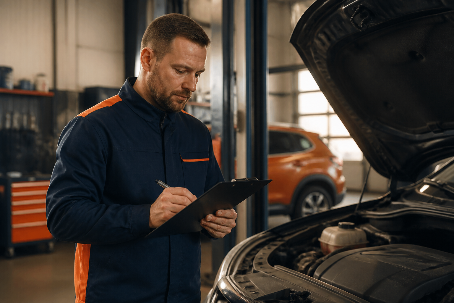 Profissional revisando checklist automotivo